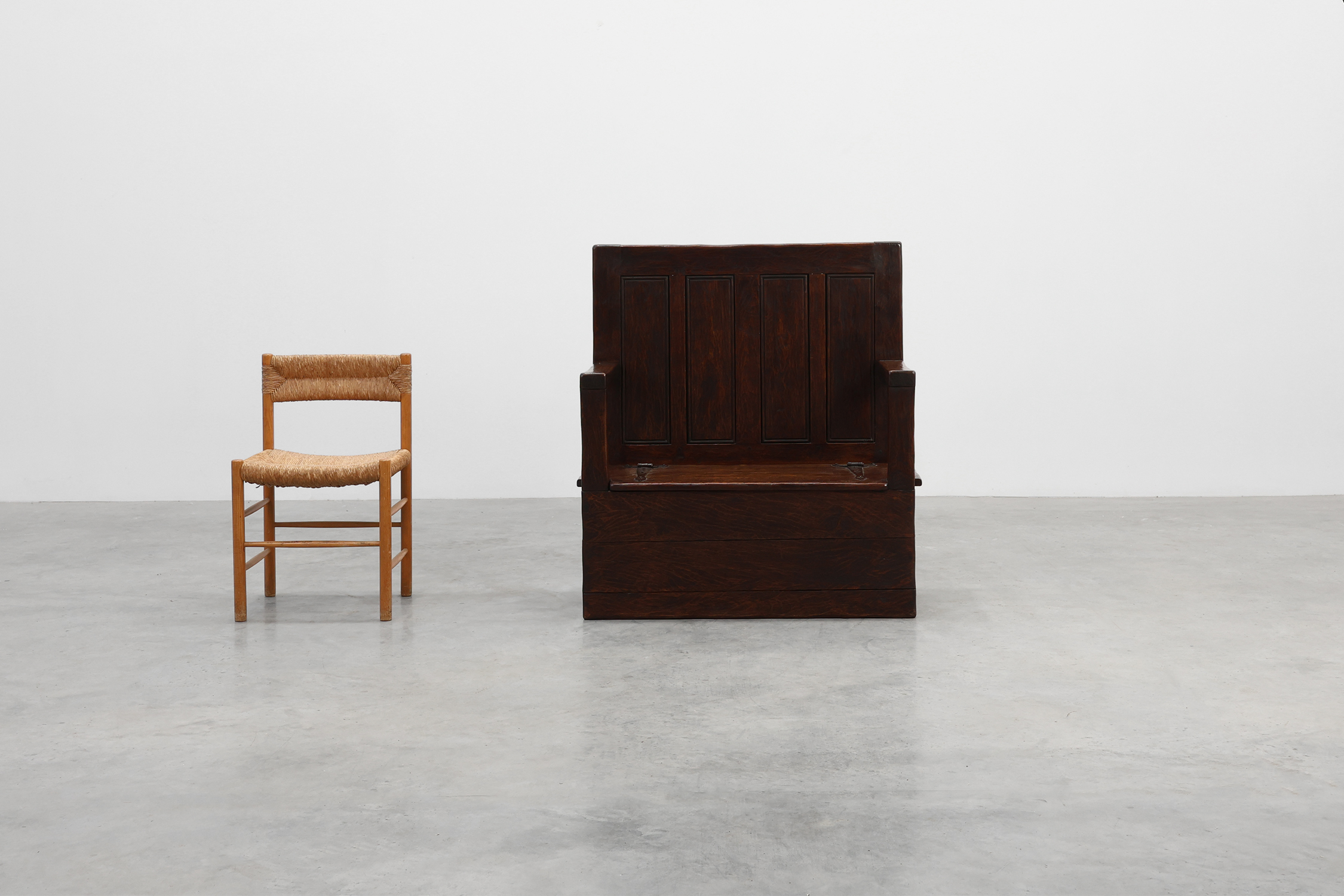 Rustic solid oak carved bench with storage compartment, France 19th centurythumbnail